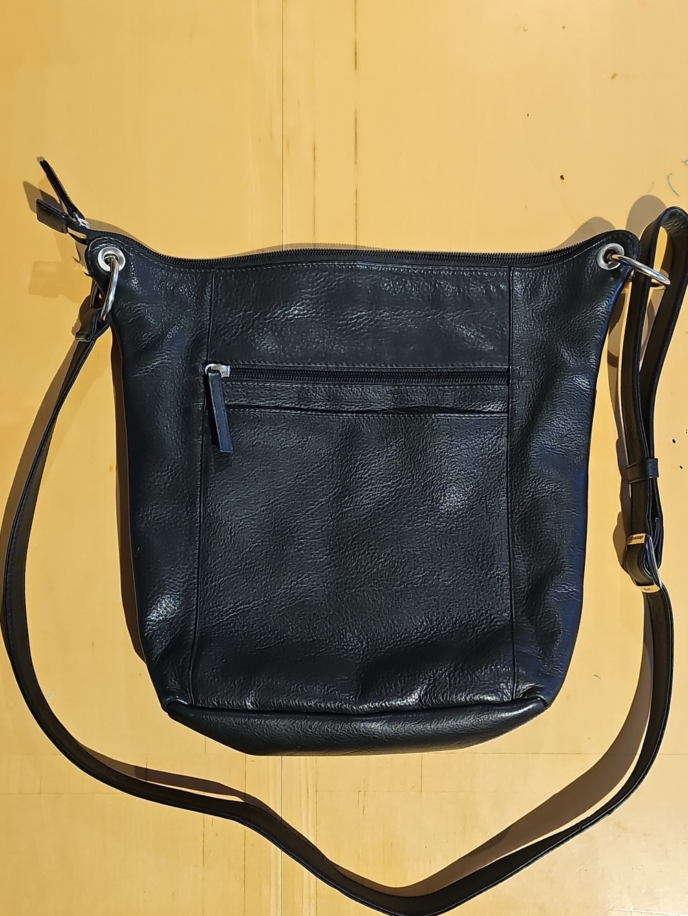 Black Leather Crossbody Bag with Front Zip Pocket